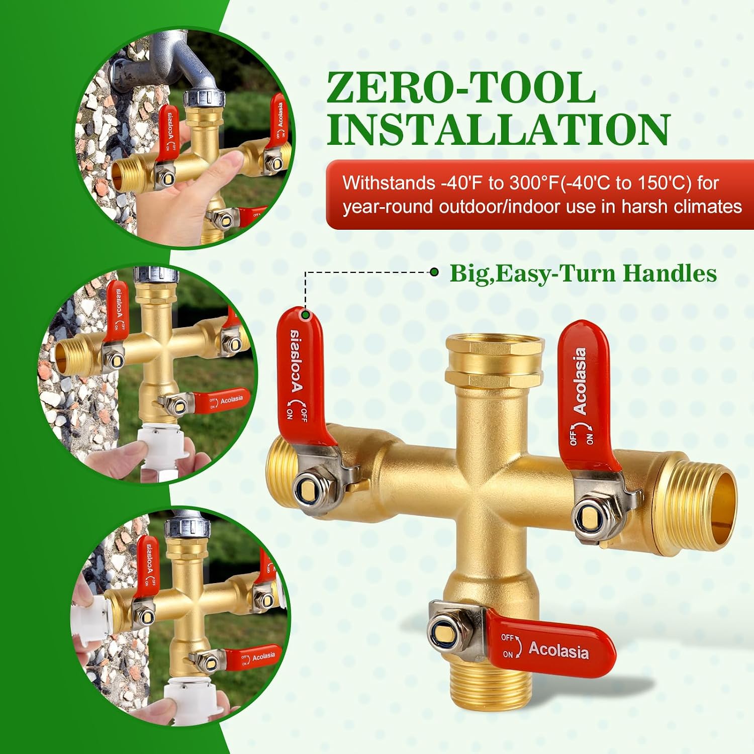 Hose Splitter 3 Way Heavy Duty Brass Garden Hose Splitter with 304 Stainless Steel Long Handle Outdoor Full Flow Hose