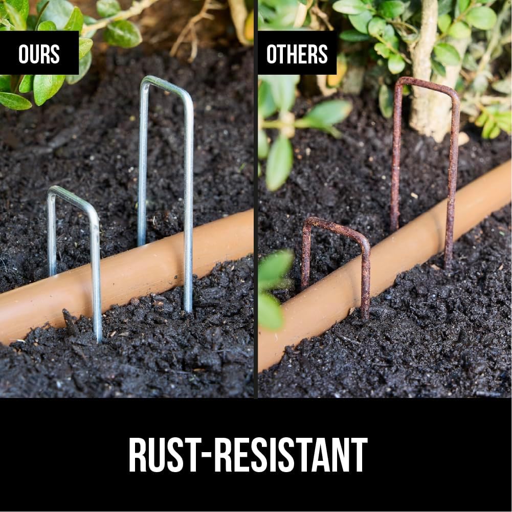 GORILLA GRIP Premium Landscape Staples 200 Pack 6 Inch, Heavy Duty 11 Gauge Galvanized Steel Garden Stakes, Sharp Rust
