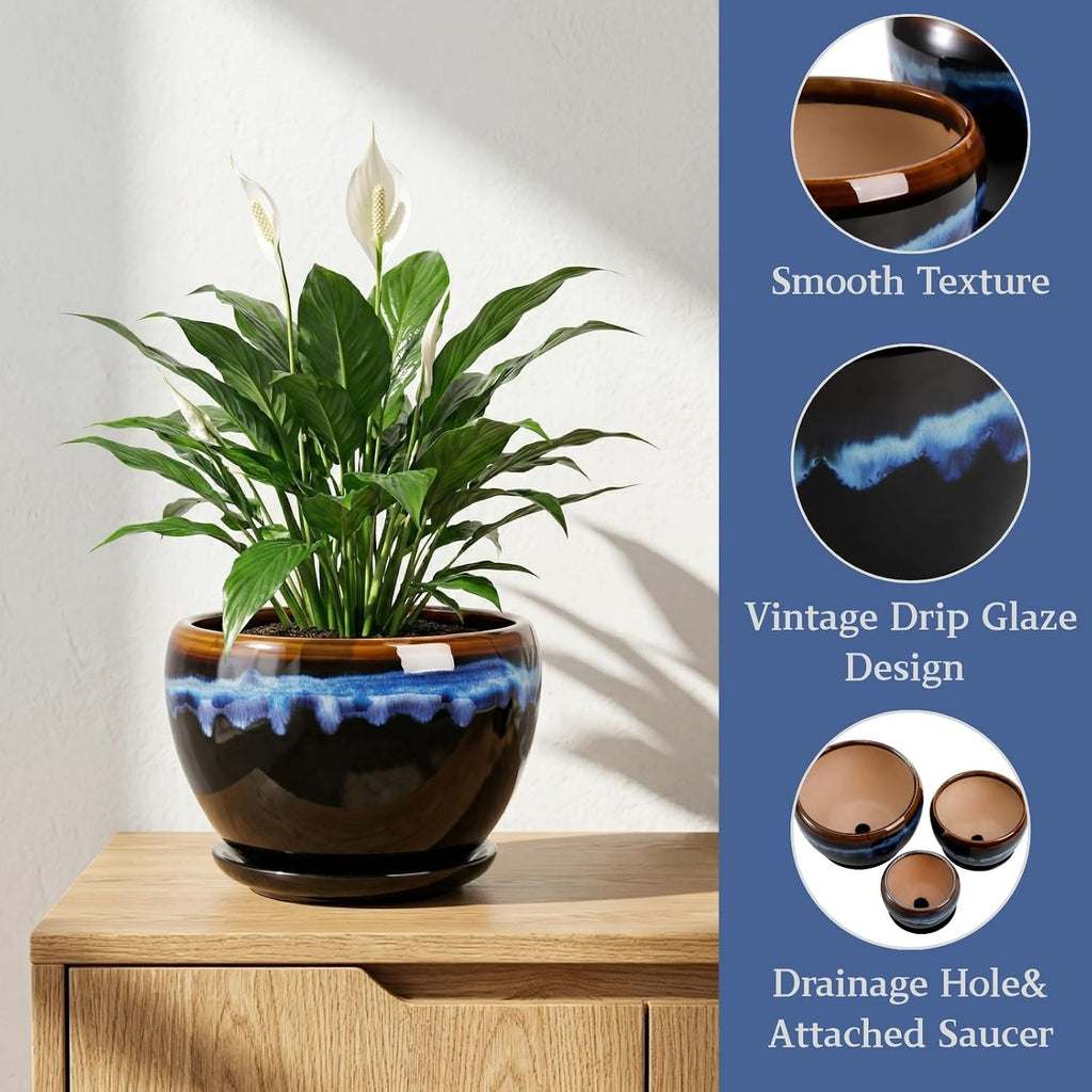 AVLA 3 Pack Ceramic Flower Pots, Gardening Drip Glazed Planter, Plant Pot with Drainage Hole and Saucer, 7/5/4 Inch
