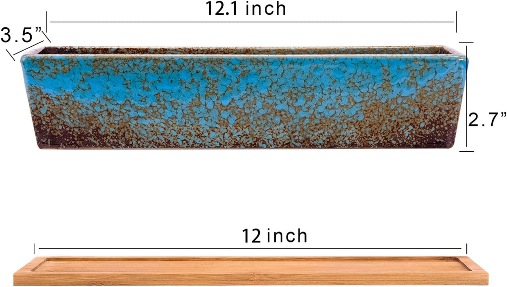 Succulent Pots - 12.1 Inch Large Succulent Planters Pots with Drainage Tray, Long Rectangle Ceramic Pot for Indoor