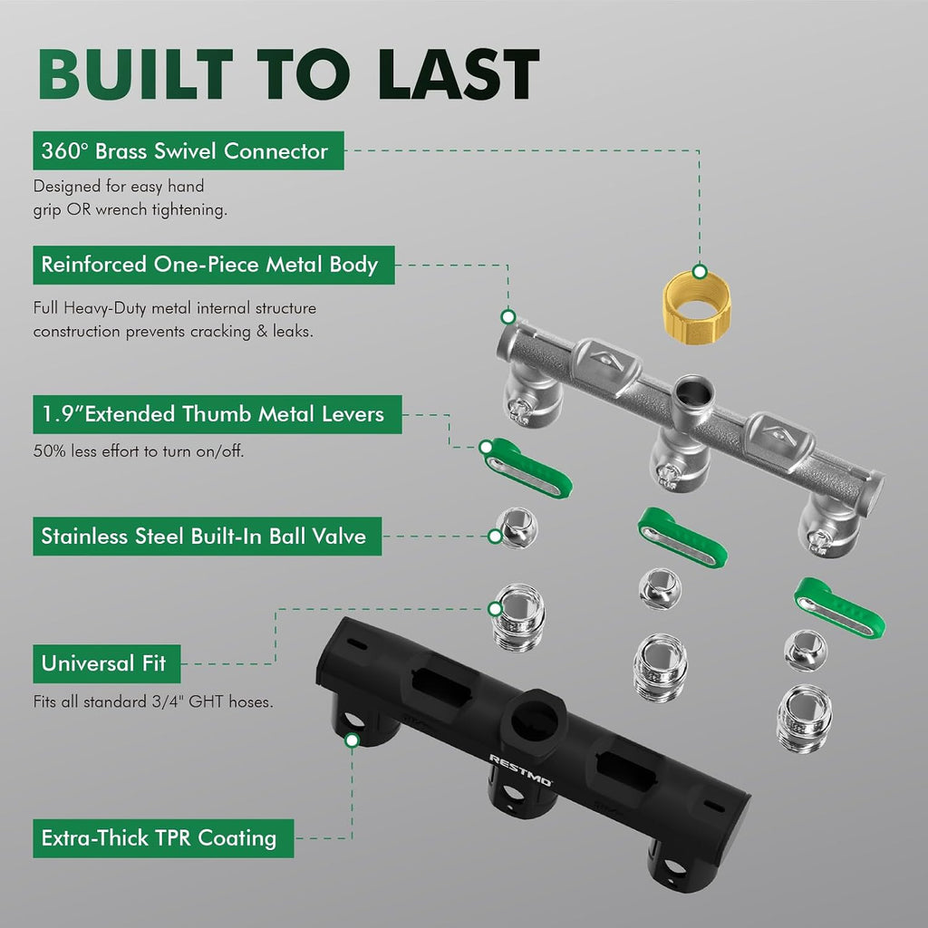 Restmo 3 Way Garden Hose Splitter Heavy Duty 100% Metal Body | Full Flow Design with Oversized Ball Valve, Outdoor