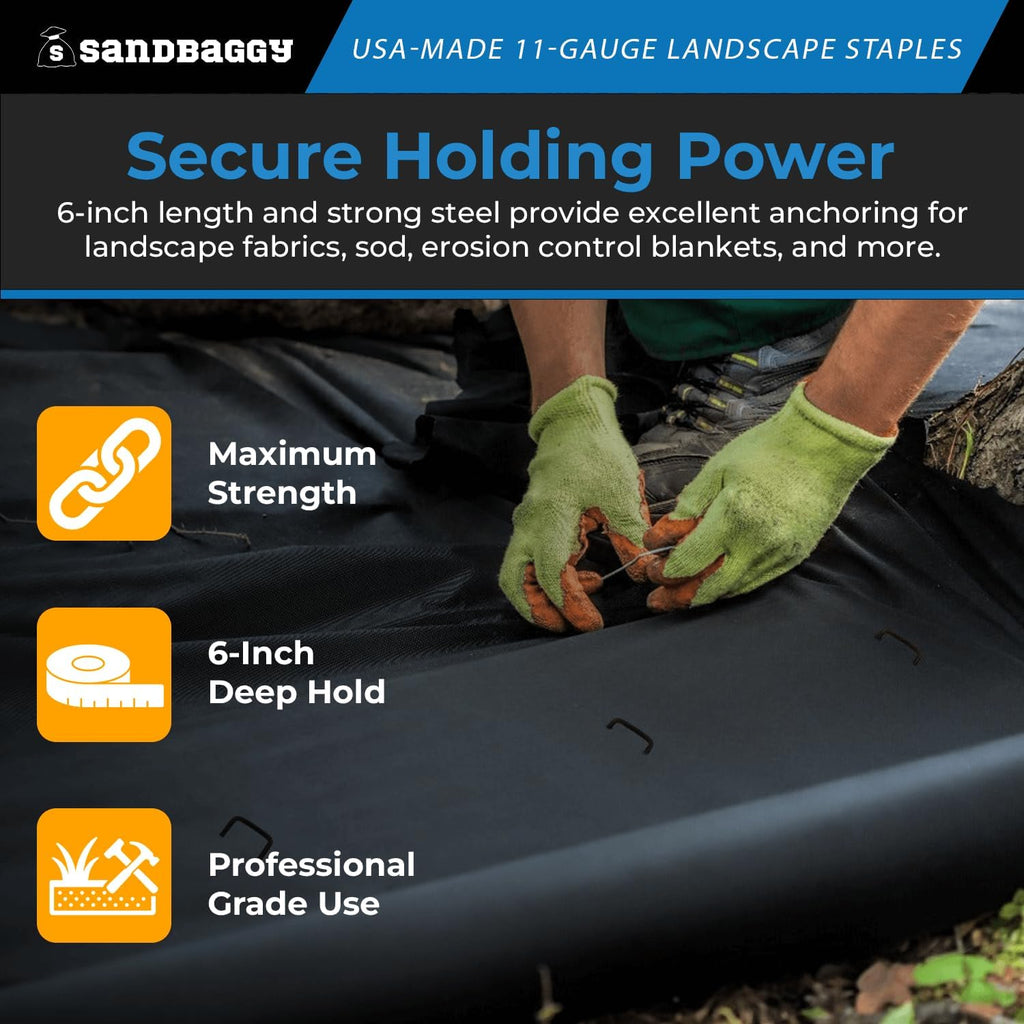 Sandbaggy USA Made 6-inch Landscape Staples - Garden Stakes - Landscaping Fabric, Netting, Sod, Artificial Turf