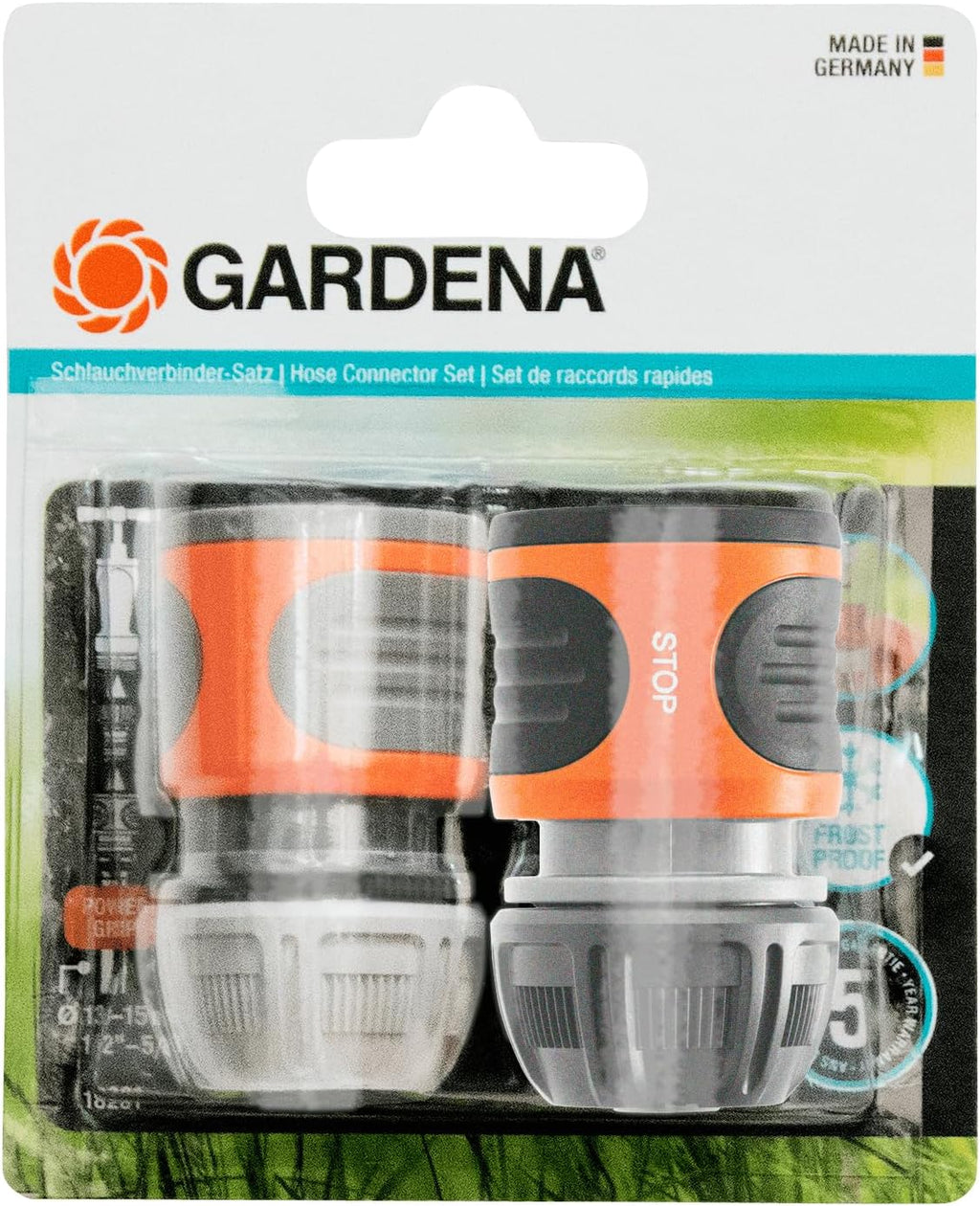 Gardena hose connector set 13 mm (1/2 inch) and 15 mm (5/98 inches): For start and end of the hose, connection suitable