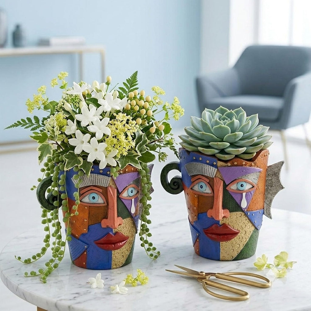 Large Picasso Abstract Face Planter Pot, Colorful Resin, Indoor Outdoor | Head Planter, 10.24 Inch, Drainage Hole, Fits