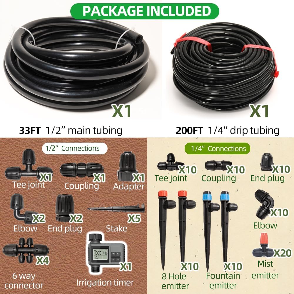 233FT Drip Irrigation System with Timer for Garden Kit Automatic Irrigation Equipment Lock Fittings Micro Drip 360