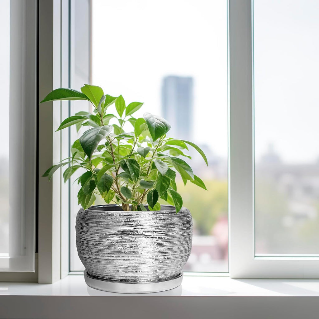 SQOWL Ceramic Pot for Plants - 10 Inch Planter Indoor, Round Large Planter Outdoor with Drainage Hole and Plant Saucer
