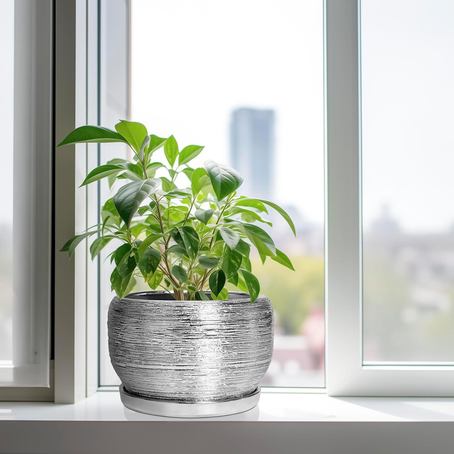 SQOWL Ceramic Pot for Plants - 10 Inch Planter Indoor, Round Large Planter Outdoor with Drainage Hole and Plant Saucer