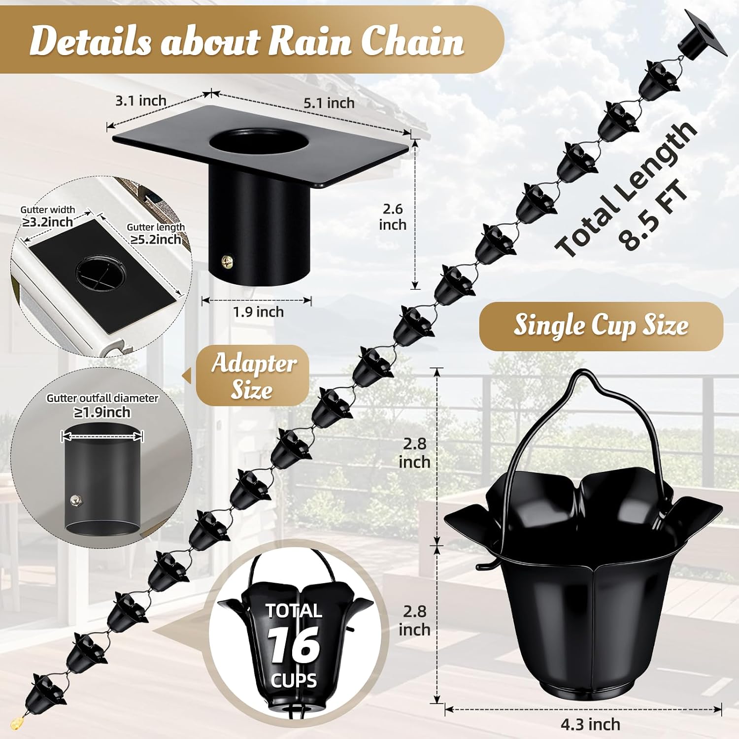 8.5 FT Black Rain Chain with Adapter for Gutters Downspouts Outside | 16 Cups Metal Material with Large Opening to
