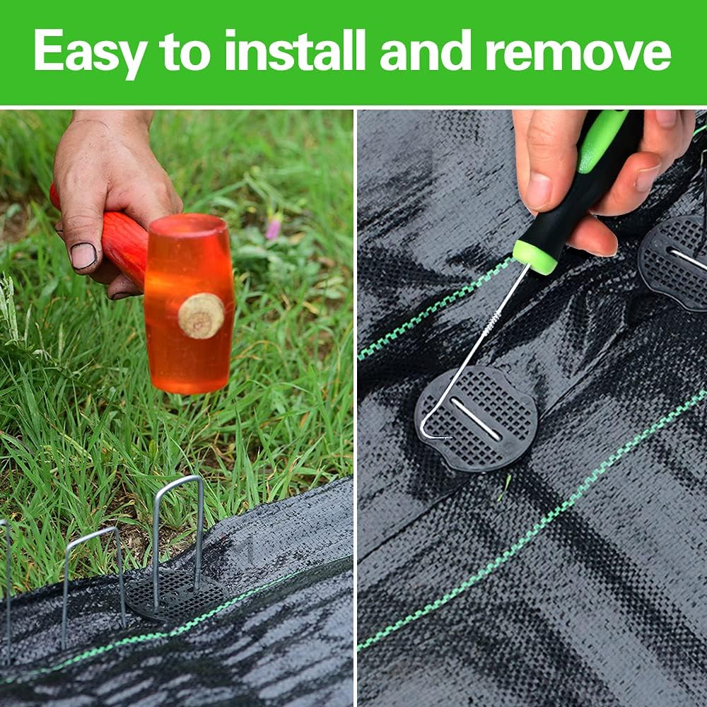 100Pcs Garden Stakes Staples + 100Pcs Gasket, Bakulyor 6 Inch Lawn Landscape Staples 11 Gauge U Shaped Galvanized