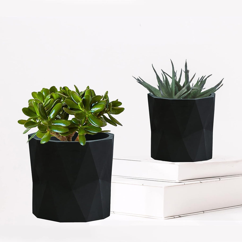 Olly & Rose Designer Geometric Ceramic Black Plant Pot Succulent Pots Cactus Planters Set 2 Indoor Outdoor Small Flower