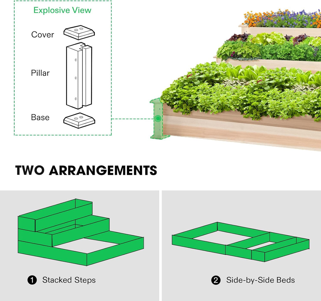 VIVOSUN 3-Tier Raised Garden Bed Outdoor Wood 48x48x21 Planter Box Kit | 2-in-1 Stack or Flat / 3 Depth Levels