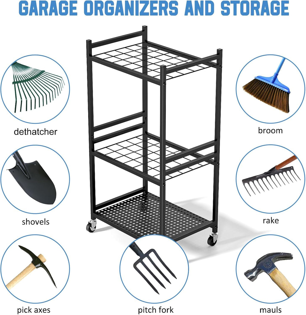 DAOUTIME Garden Organizer With Wheels, Yard Tower Rack for Garage Storage, Up to 35 Long-Handled Tools, Sturdy Metal