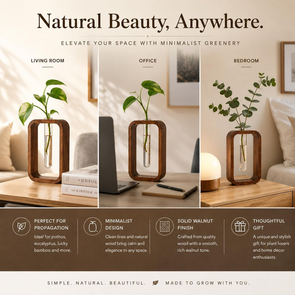 Modern Wooden Frame Glass Vase Hydroponic Planter – Minimalist Square Propagation Station with Test Tube Vase – Indoor