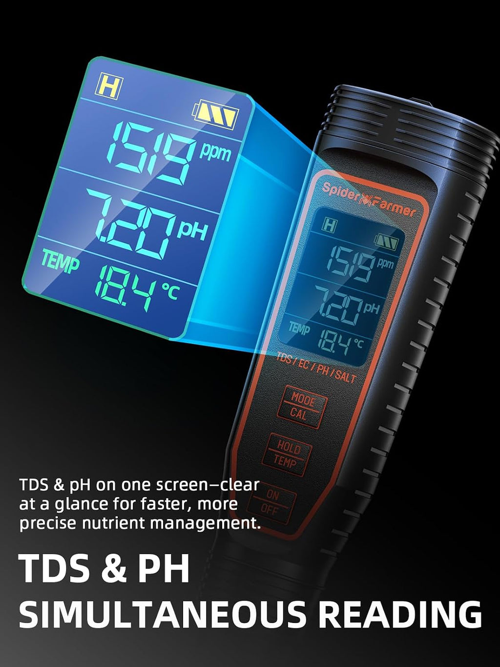 Spider Farmer 5-in-1 Digital pH Meter Kit Pen Tester for Water Hydroponics | pH, TDS, EC, Temp, and Salinity 5-in-1 Pen