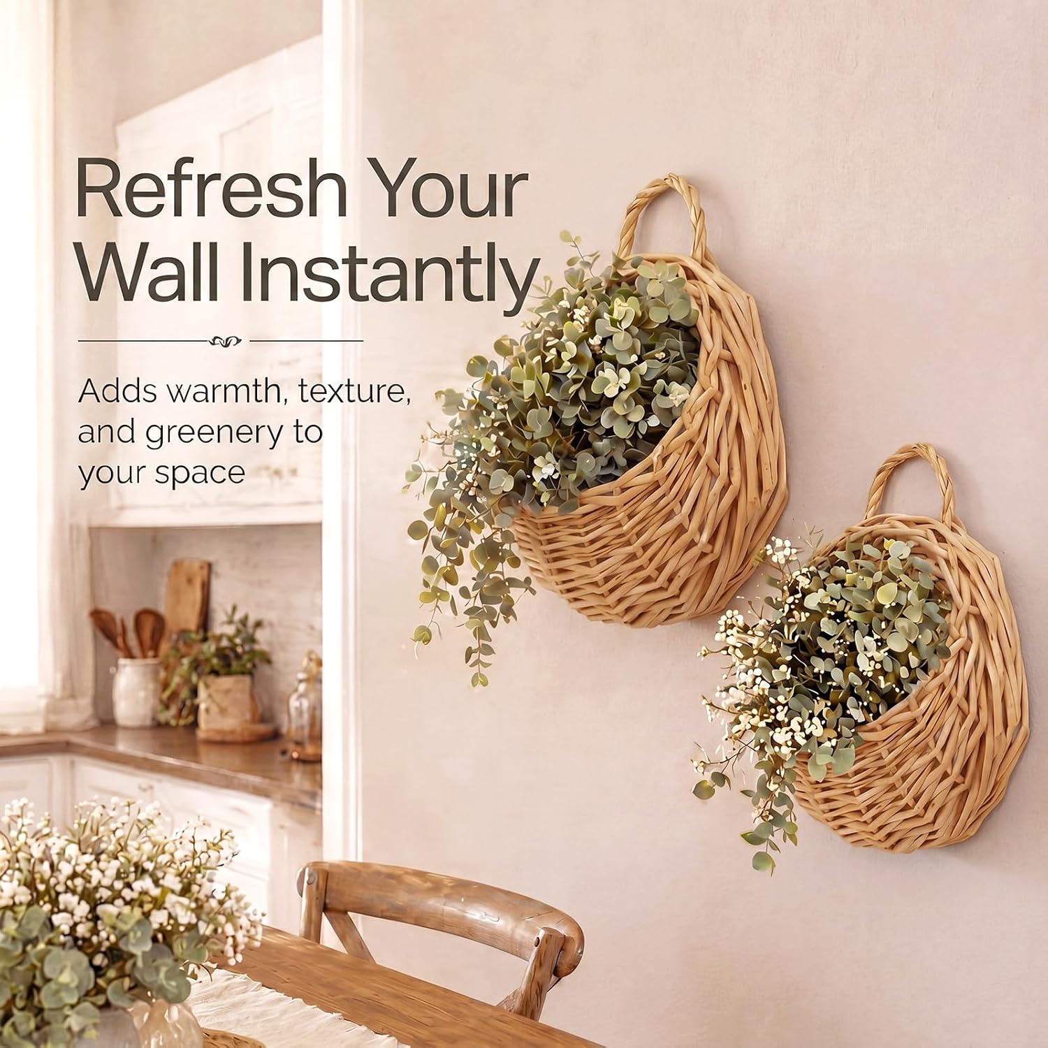 Chumia 2 Pack Wicker Hanging Basket 14" and 8" Handmade Woven Wall Hanging Basket for Plant Decorative Boho Mounted