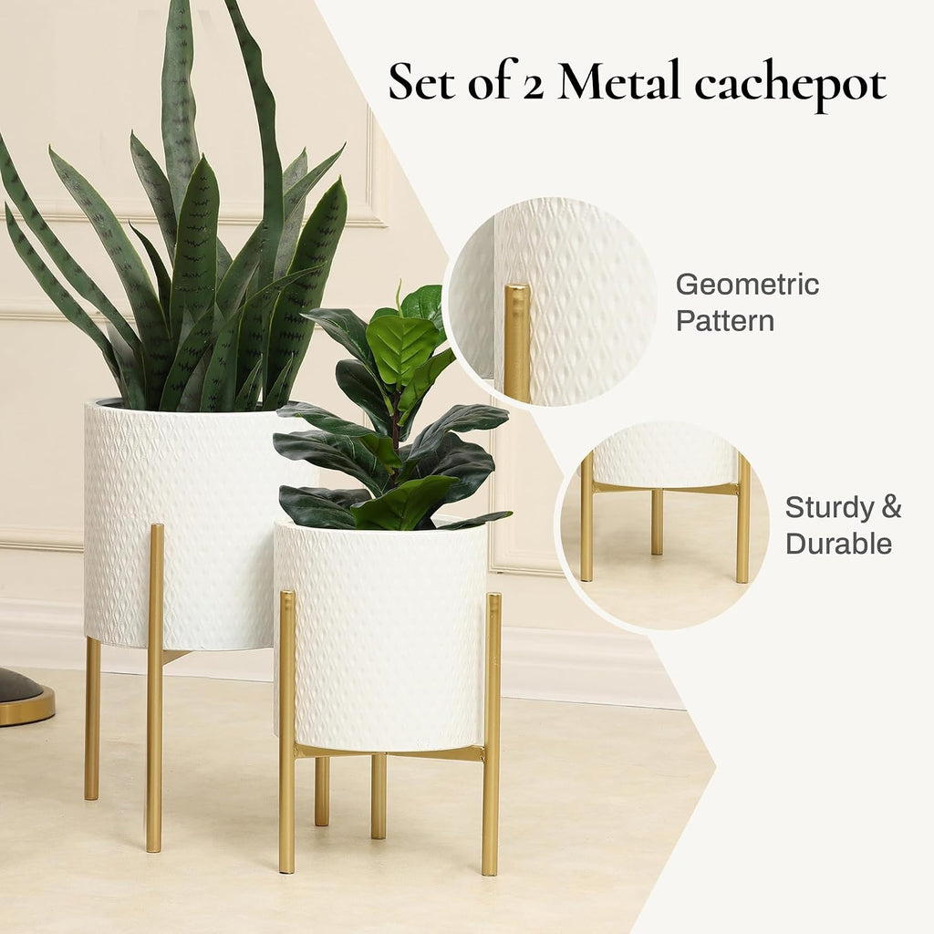 LuxenHome Indoor Planters, Set of 2 White Planter with Gold Metal Stand | Planters for Indoor Plant, Indoor Plant Pots