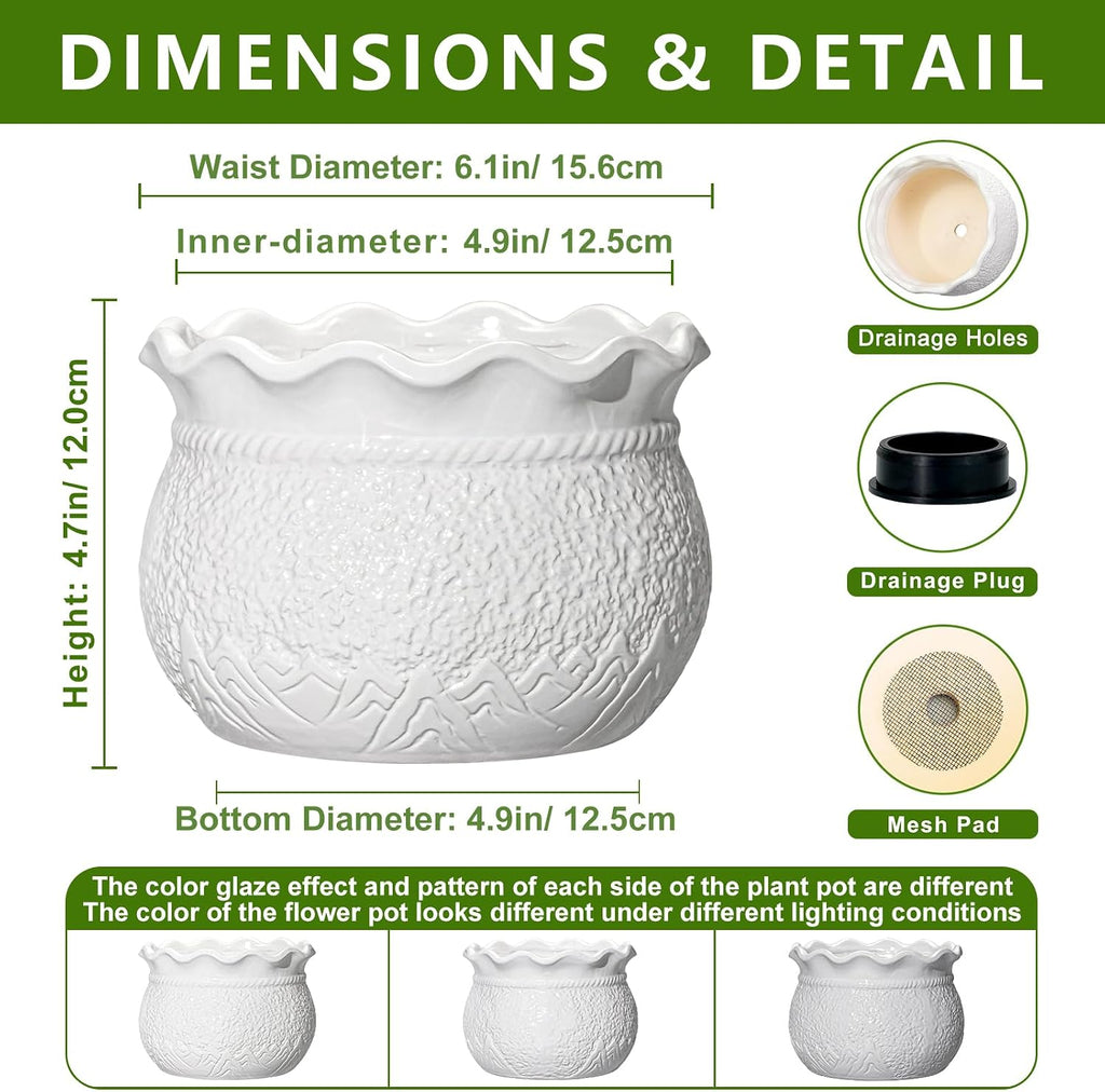 Ceramic Flower Pots, 6 Inch Plant Pot for Indoor Plants, White | Decorative Pots for Plants with Drainage Hole, Unique