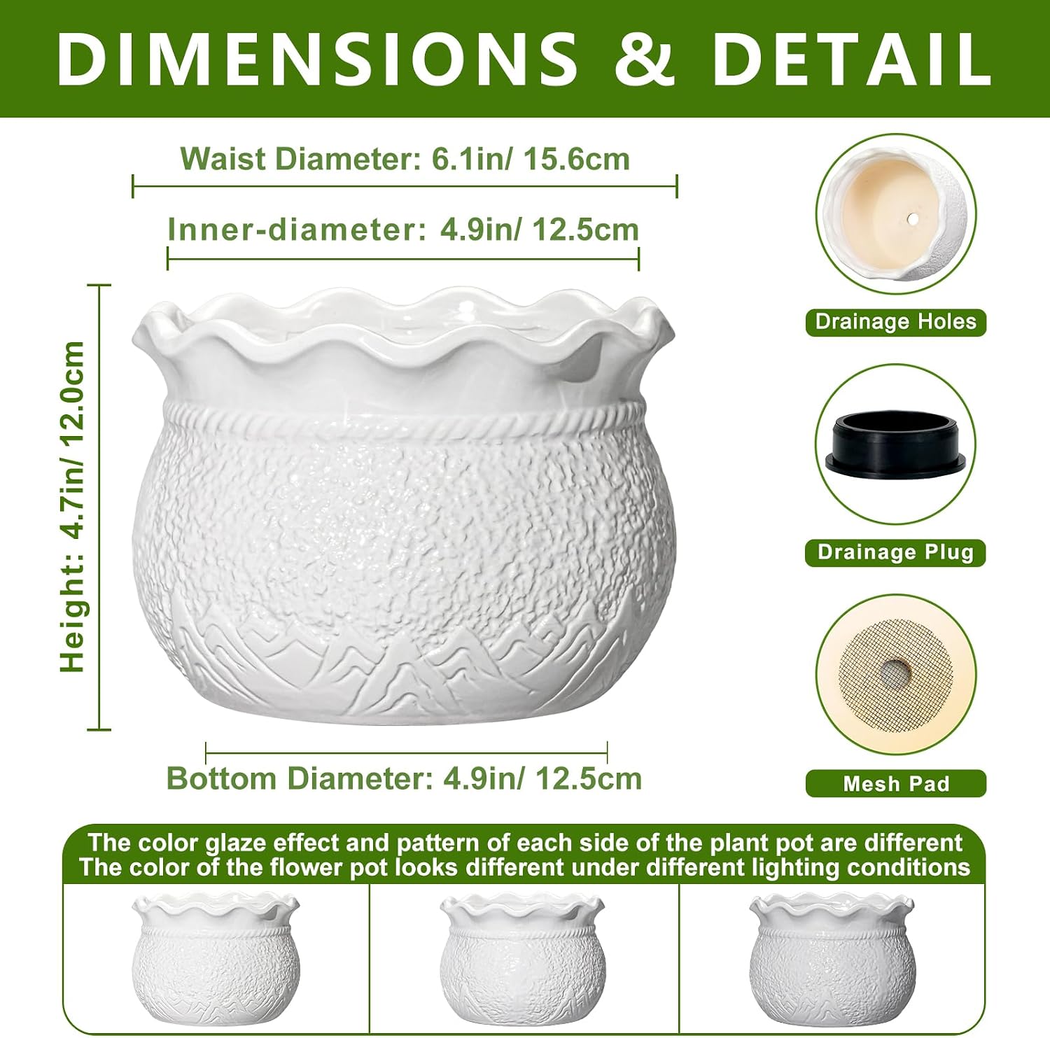 Ceramic Flower Pots, 6 Inch Plant Pot for Indoor Plants, White | Decorative Pots for Plants with Drainage Hole, Unique