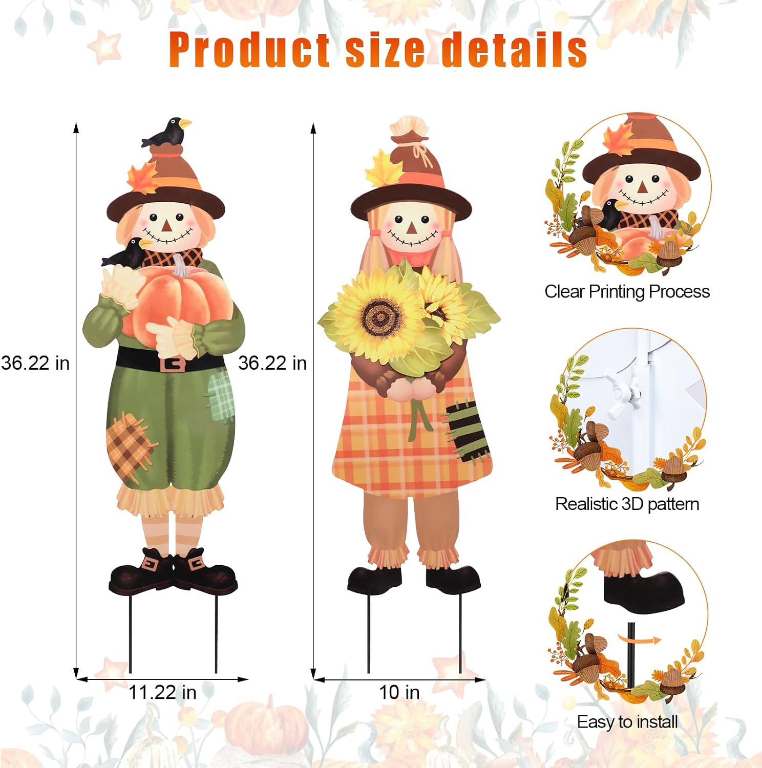 Fall Scarecrow Garden Yard Stake Set of 2,Thanksgiving Outdoor Decor | Weatherproof, Rustic Metal Stake, Fall Harvest