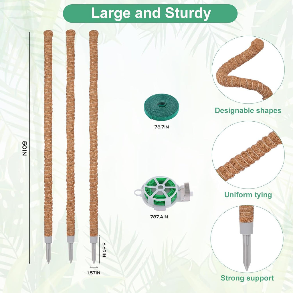 3 Pack Moss Pole, 50 Inch Monstera Plant Support, Tall Moss Poles for Climbing Plants Indoor DIY, Coco Coir Plant Pole