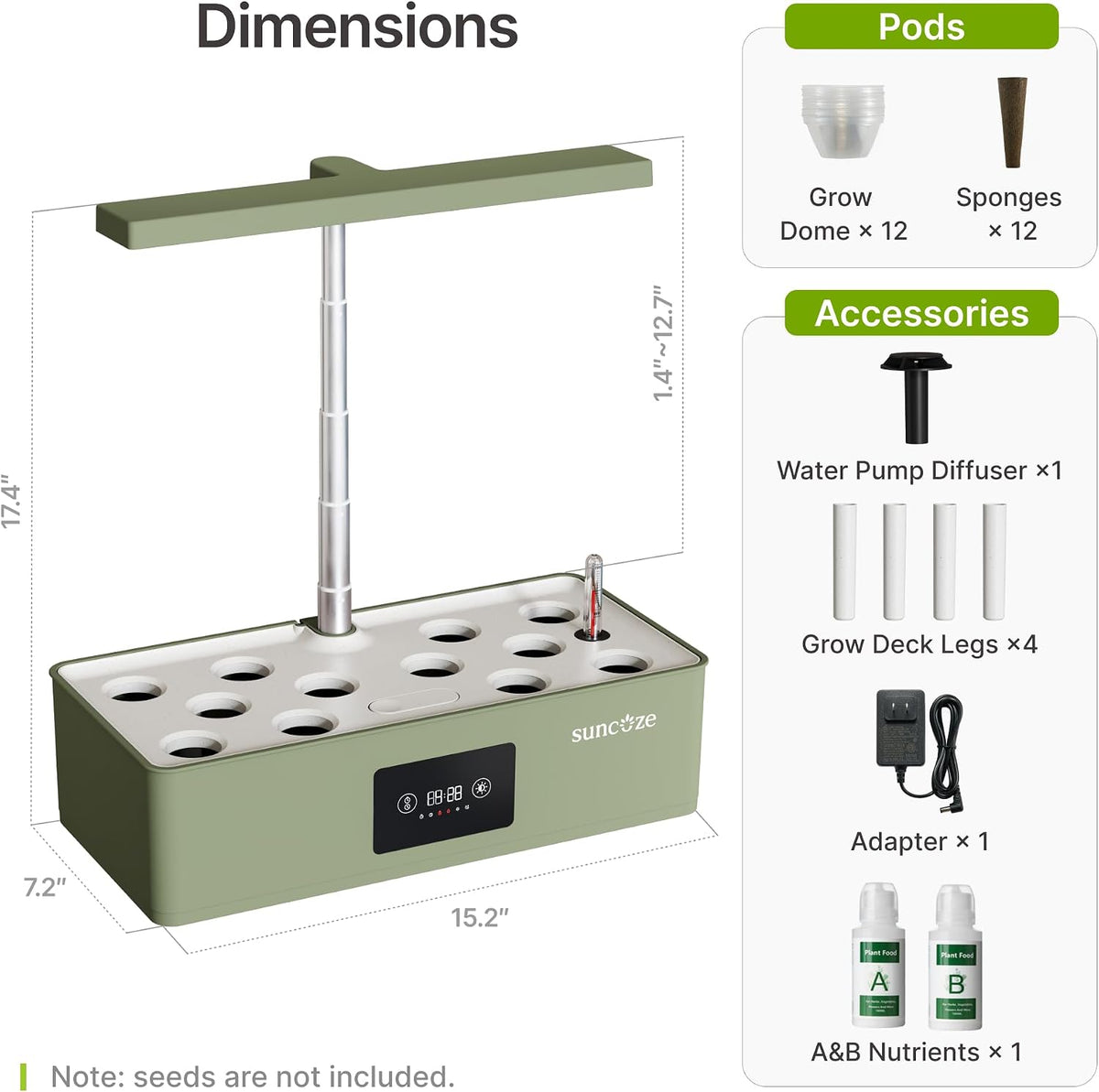 Hydroponics Growing System Kit with 24W Dimmable LED Light, Green | 12 Pods Indoor Herb Garden with Timer & Local Time