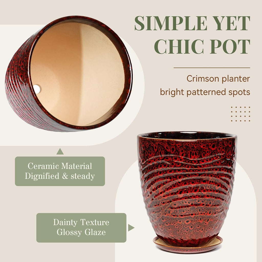 9.5 Inch Modern Ceramic Plant Pot with Saucer, Flower Pot with Drainage Hole Mesh Net,Indoor Outdoor Planter (Speckle