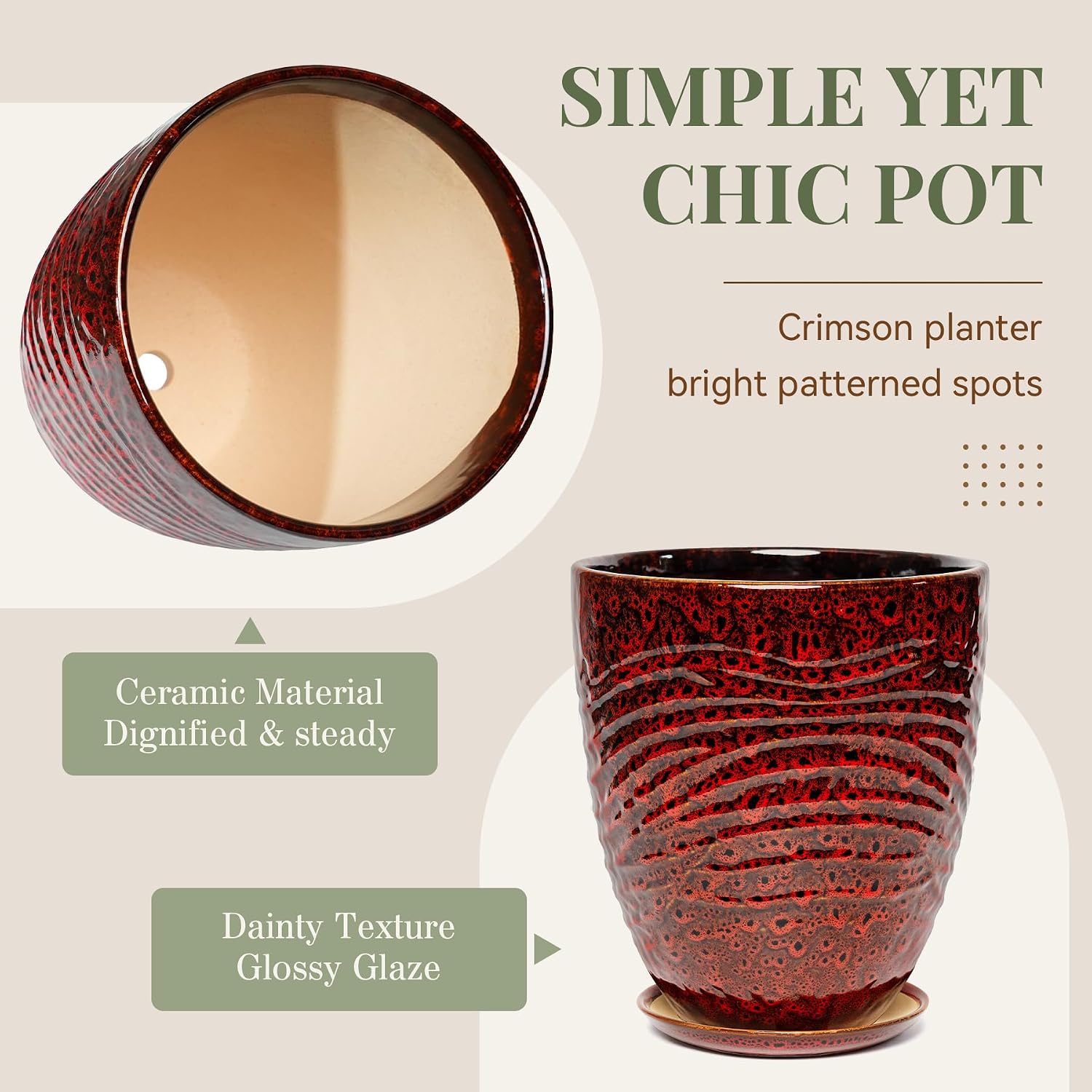 9.5 Inch Modern Ceramic Plant Pot with Saucer, Flower Pot with Drainage Hole Mesh Net,Indoor Outdoor Planter (Speckle