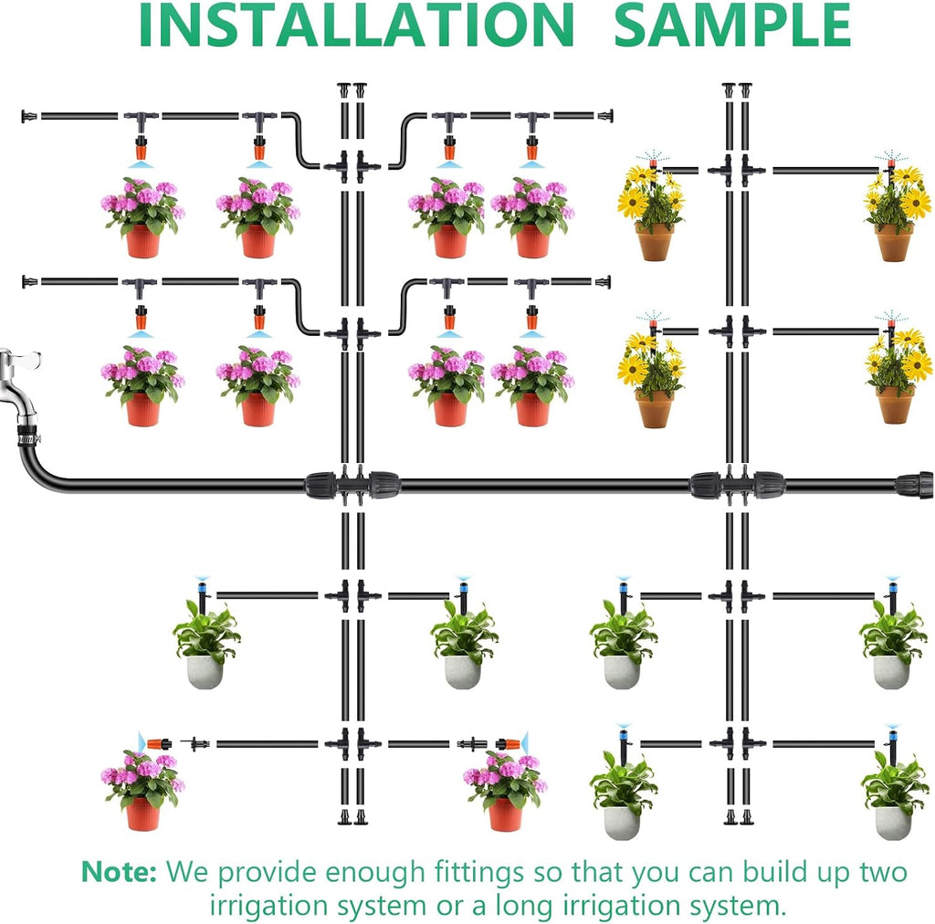 256FT Drip Irrigation System Kit, 163PCS Automatic Garden Watering Misting System with 1/4" Distribution & 1/2" Hose