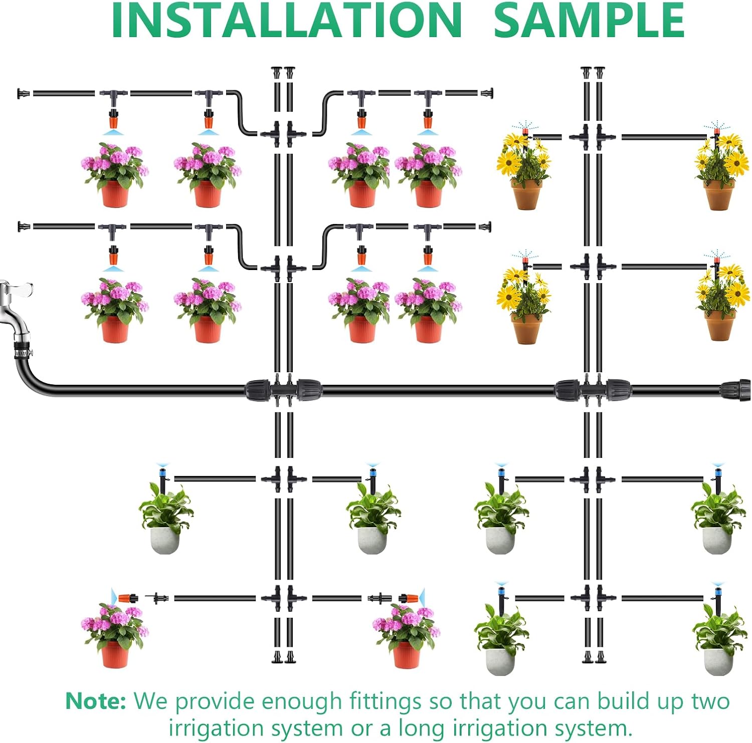 256FT Drip Irrigation System Kit, 163PCS Automatic Garden Watering Misting System with 1/4" Distribution & 1/2" Hose