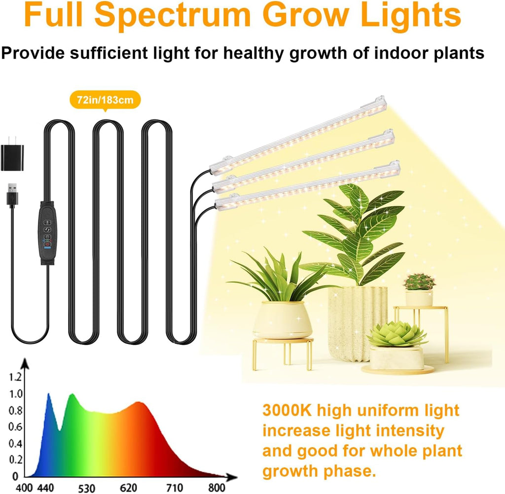 LED Grow Light Strips, Grow Lights for Indoor Plants Full Spectrum 3000K, Plant Light Bar with 3/9/12H Timer, 10