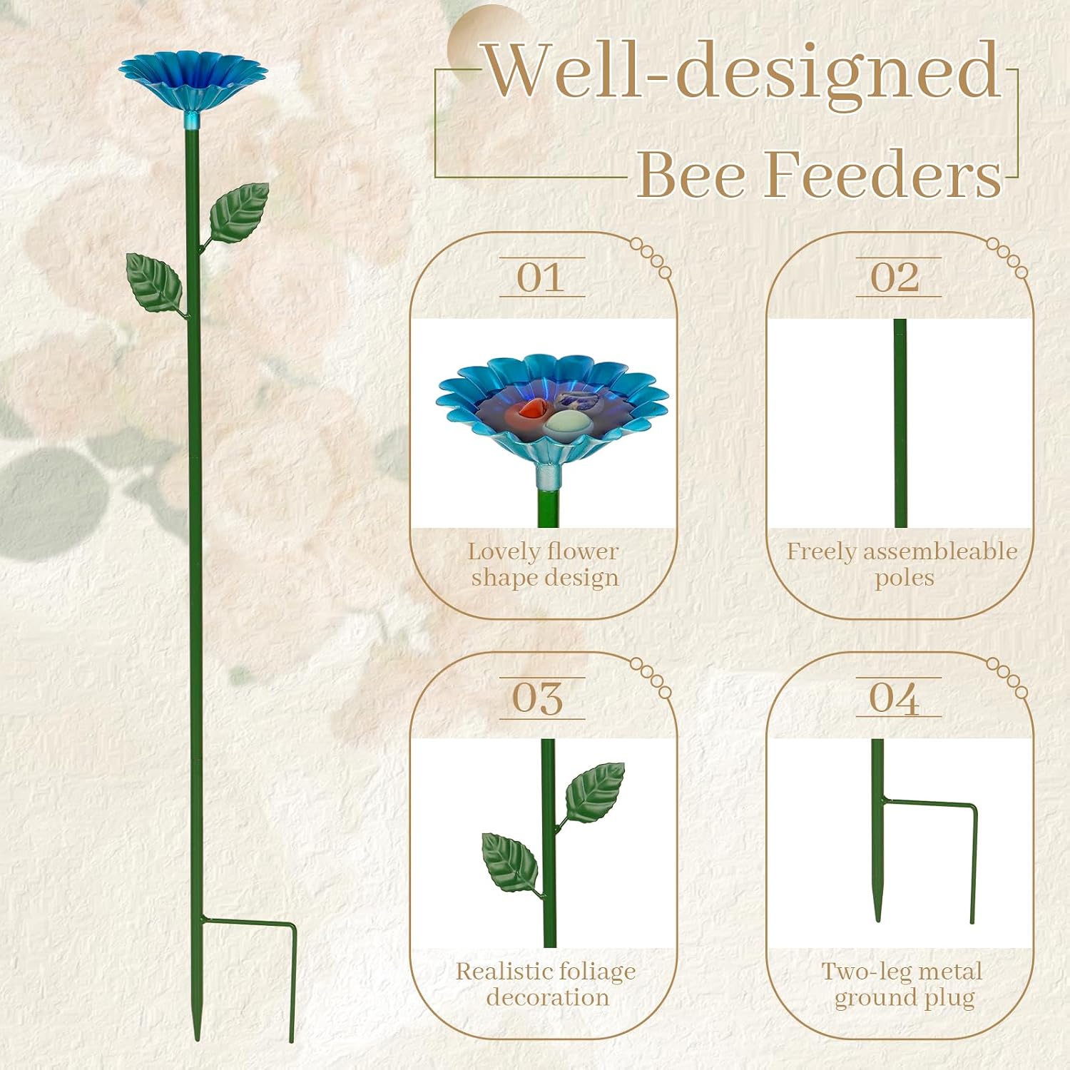 8 Pack Bee Watering Station, Bee Bath for Garden Outdoor Yard Decor | Metal Bee Water Feeder with Flower Design