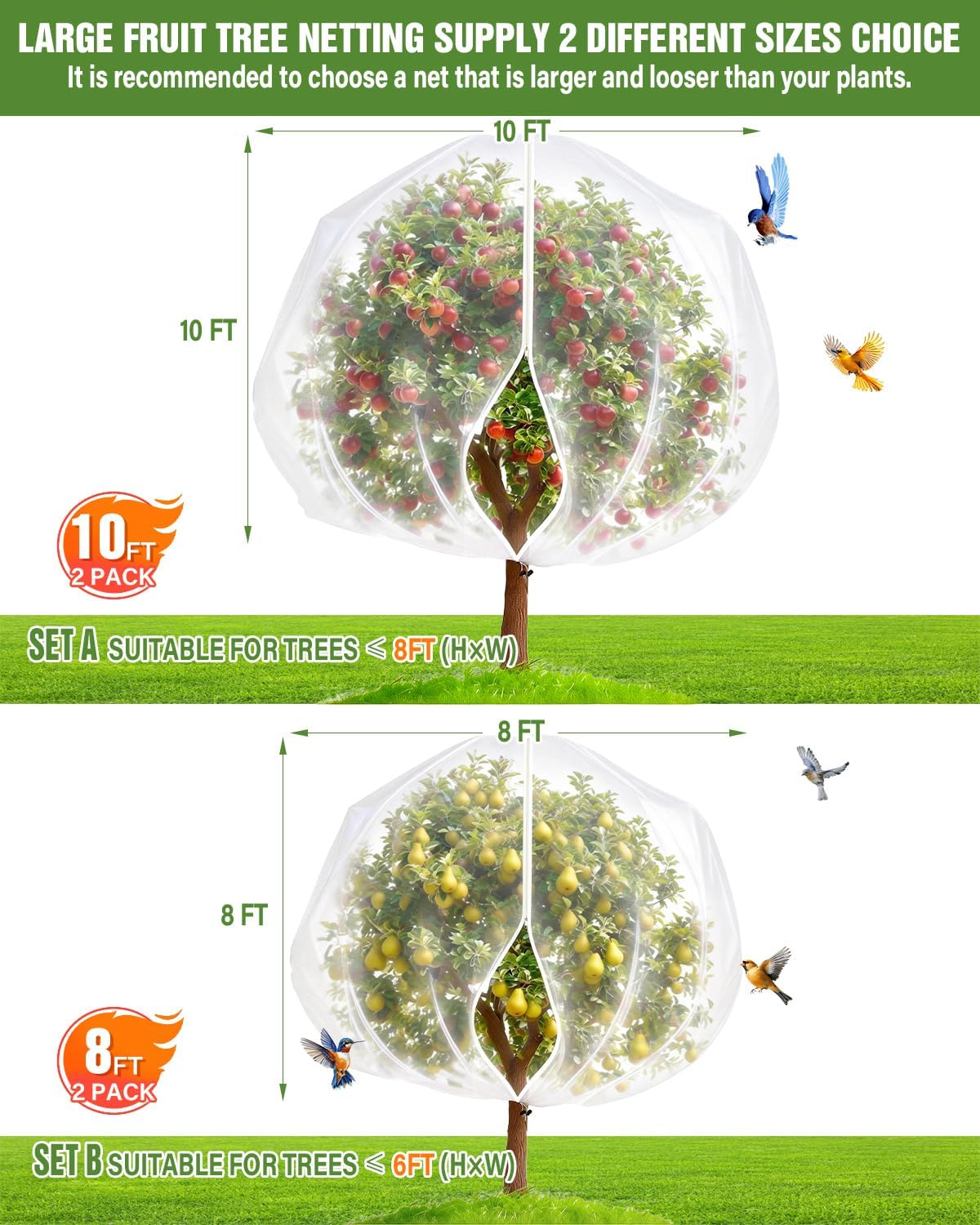 2 Packs 10x10FT Fruit Tree Netting with Zipper, 60-Mesh PE Pest Barrier | Fruit tree protection bag, Netting for