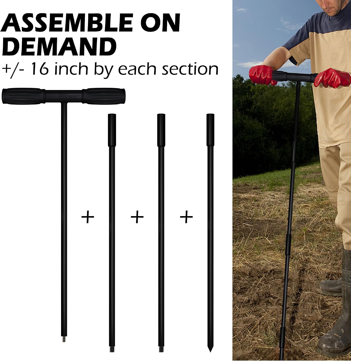 Sfcddtlg 64" Metal Ground Soil Probe Rod, Adjustable Soil Sample Probe | T-Handle Septic Tank Locator for Tile Probing