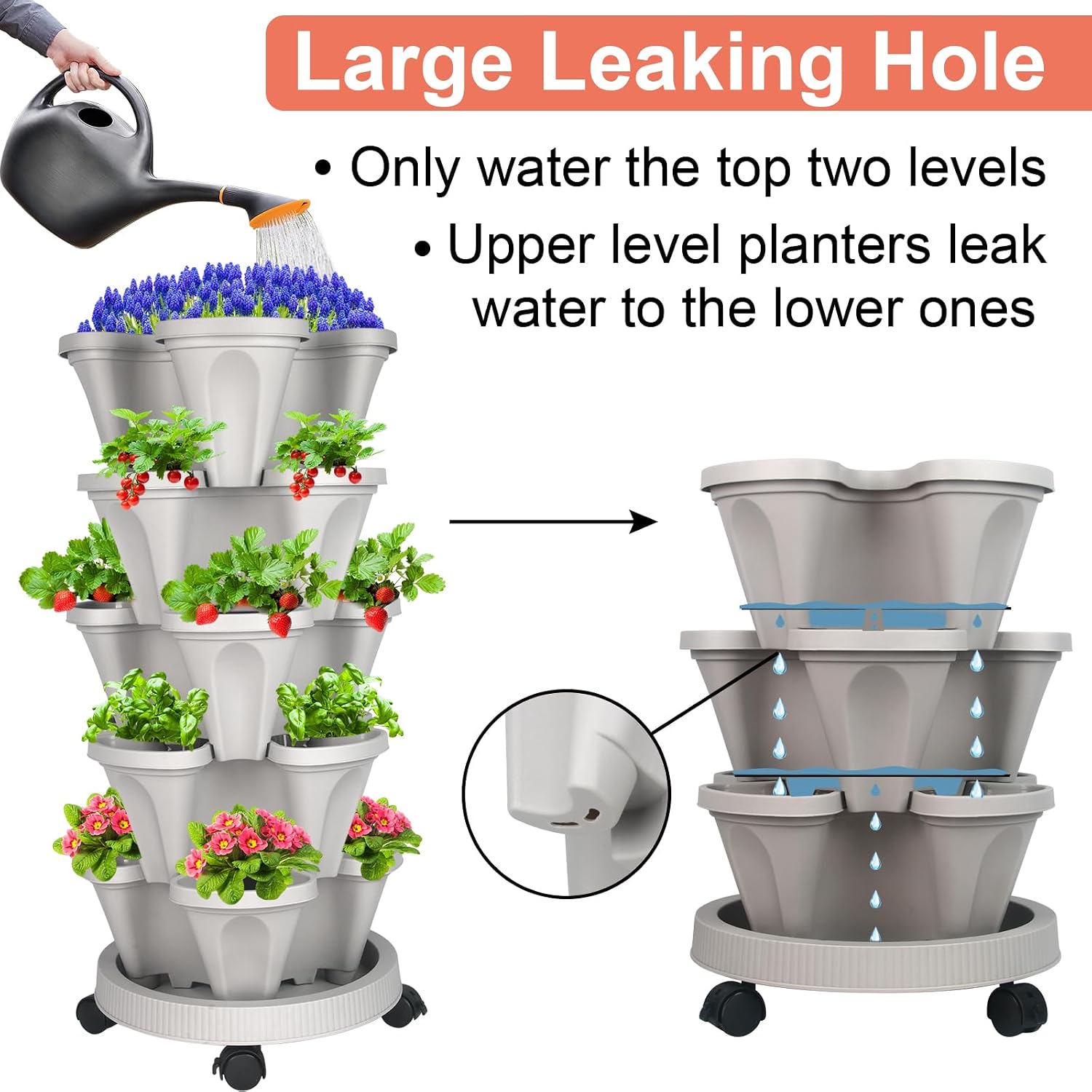 GameXcel Vertical Planter Tower - 5 Tier Stackable Garden Planters with Wheels and Tools Plant Pots for Strawberry Herb