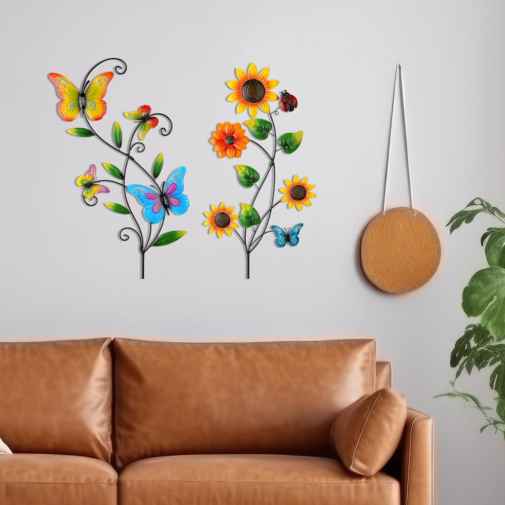 4 Pcs Butterfly Metal Garden Stakes Hummingbird Sunflower Dragonfly Flowers Garden Stake Decor Metal Wall Decor Trellis