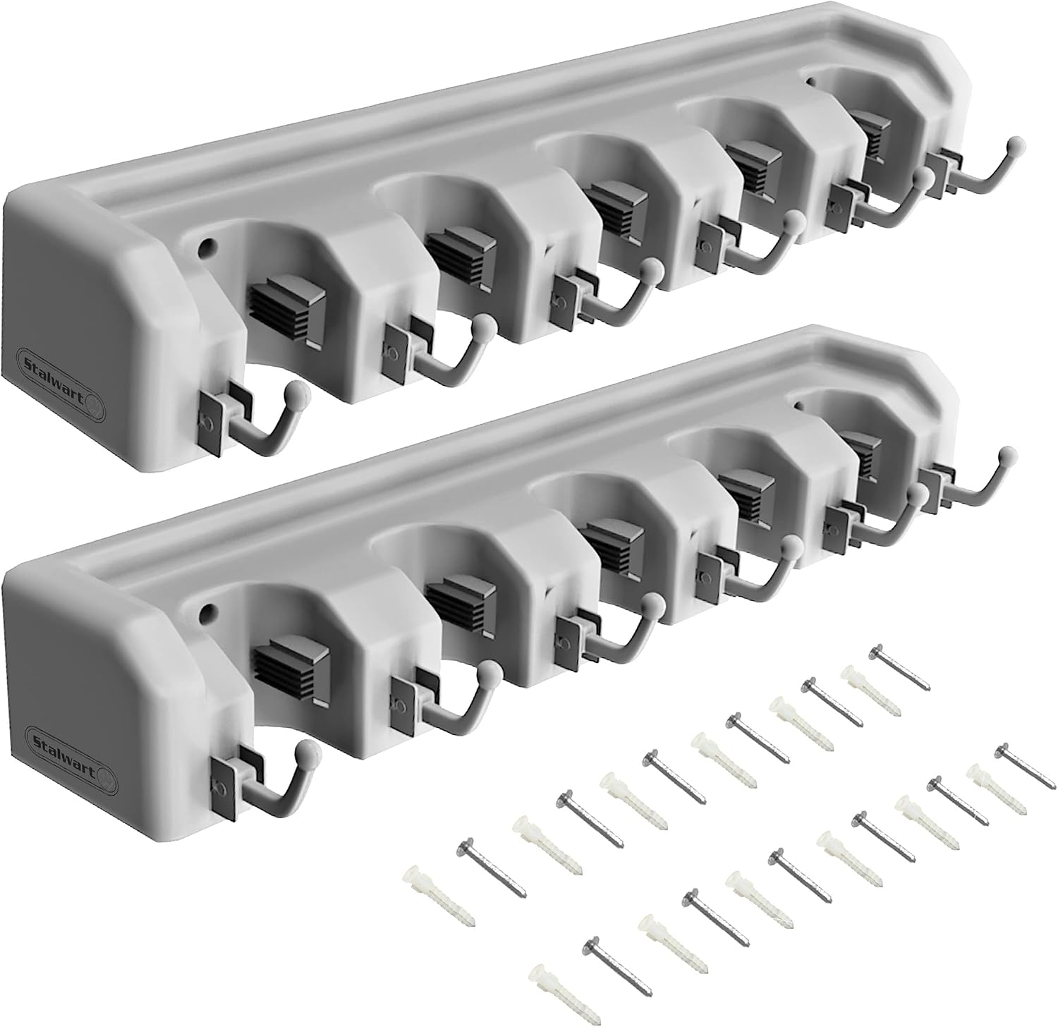 Garden Tool Organizer Wall Mount Broom and Mop Holder, 5 Adjustable Slots and 6 Hooks Utility Rack for Garage or Home