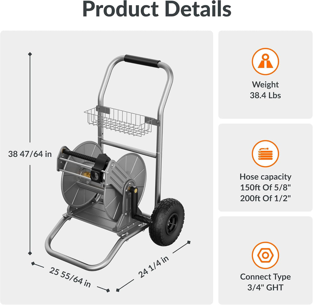 Giraffe Tools Garden Hose Reel Cart with Wheels, Heavy Duty Metal Water Hose Reel Cart, 200 ft of 1/2 Capacity, Mobile