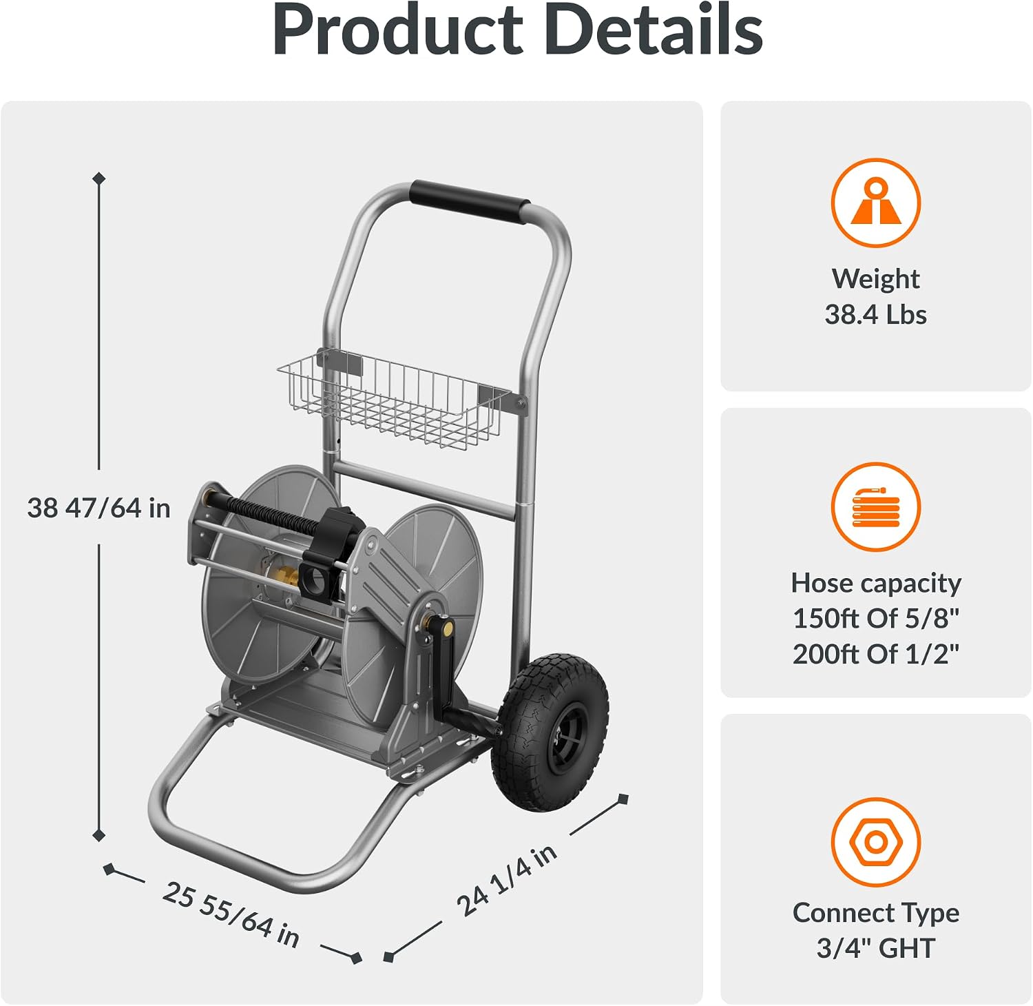 Giraffe Tools Garden Hose Reel Cart with Wheels, Heavy Duty Metal Water Hose Reel Cart, 200 ft of 1/2 Capacity, Mobile