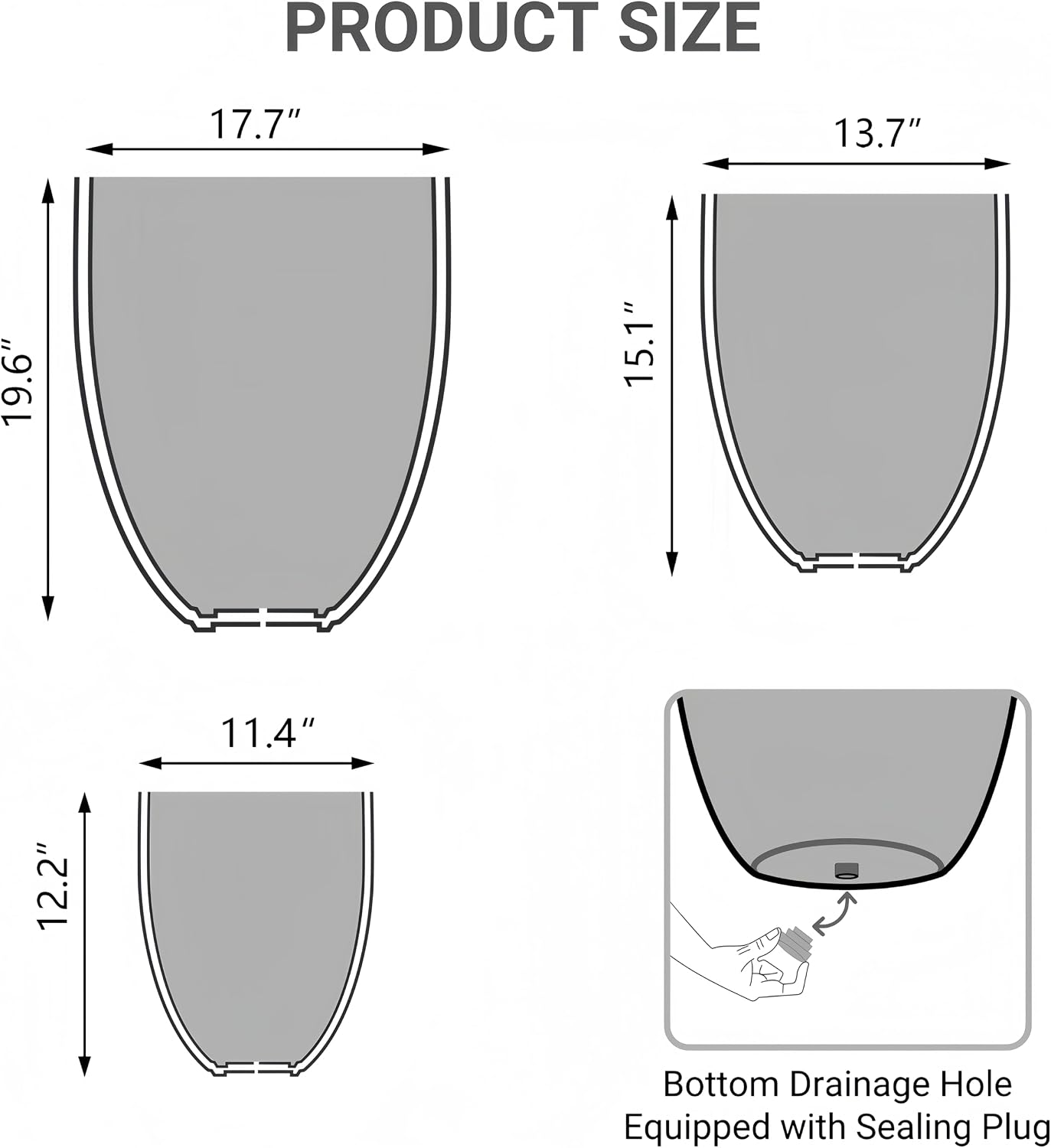 17.7"+13.7"+11.4" Weathered Concrete Planters with Drainage Hole Set of 3 | Hand-finished Flower Pots for Indoor