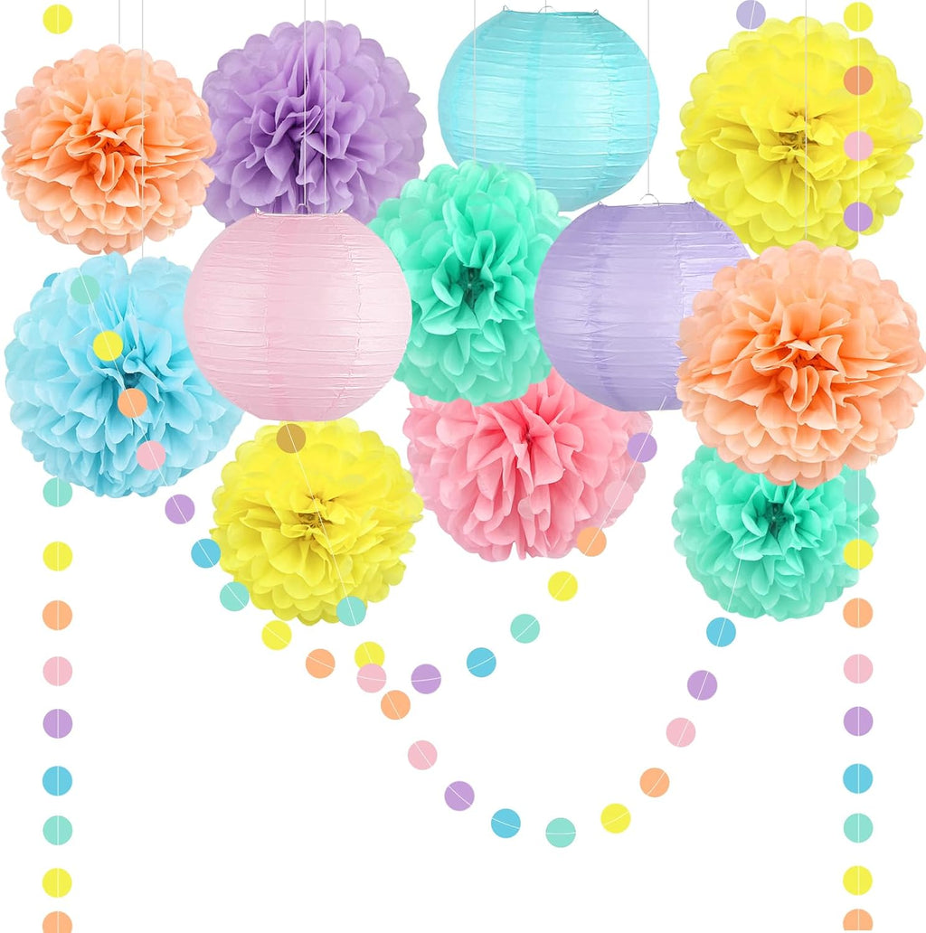 14 Pcs Pastel Party Decorations, Paper Pom Poms Lanterns Garland, 8/10 Inch