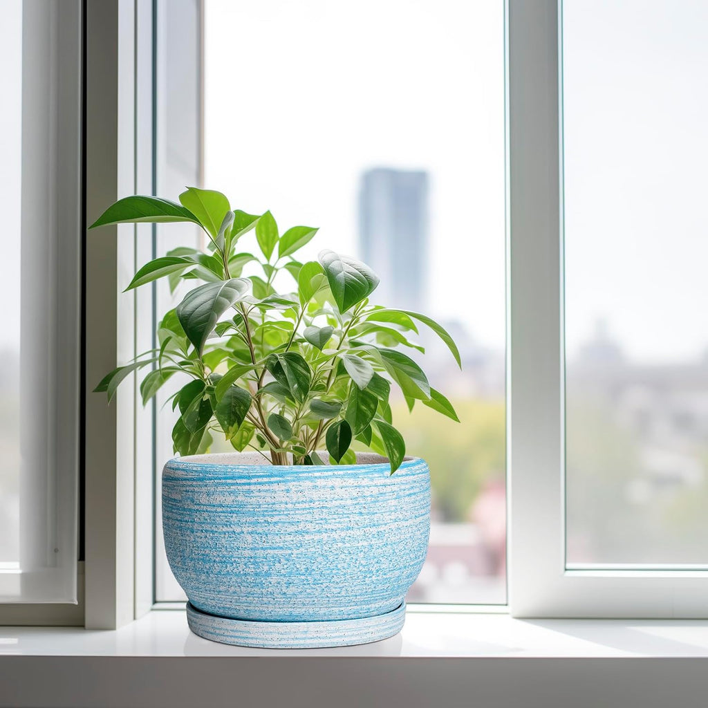 SQOWL Ceramic Plant Pots - 10 Inch Ceramic Flower Pots with Drainage Hole and Saucer, Round Large Planter for Indoor
