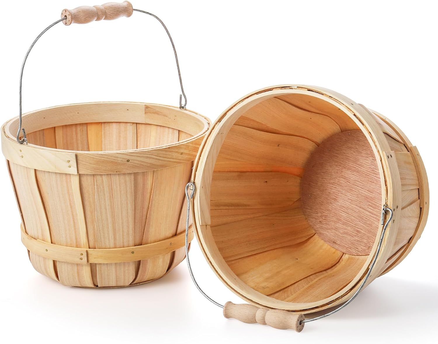Okllen 2 Pack Round Wooden Baskets with Handle, Empty Wood Fruit Buckets, Easter Basket Fall Harvest Basket for Display
