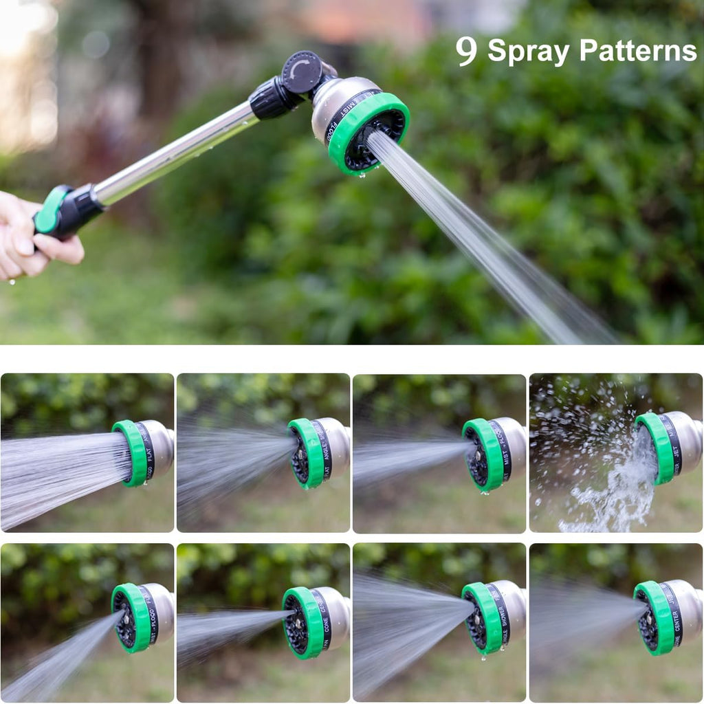 FANHAO Metal Garden Hose Wand, 16-Inch Heavy Duty Watering Wand with 9 Spray Patterns, 180° Rotating Long Garden Hose