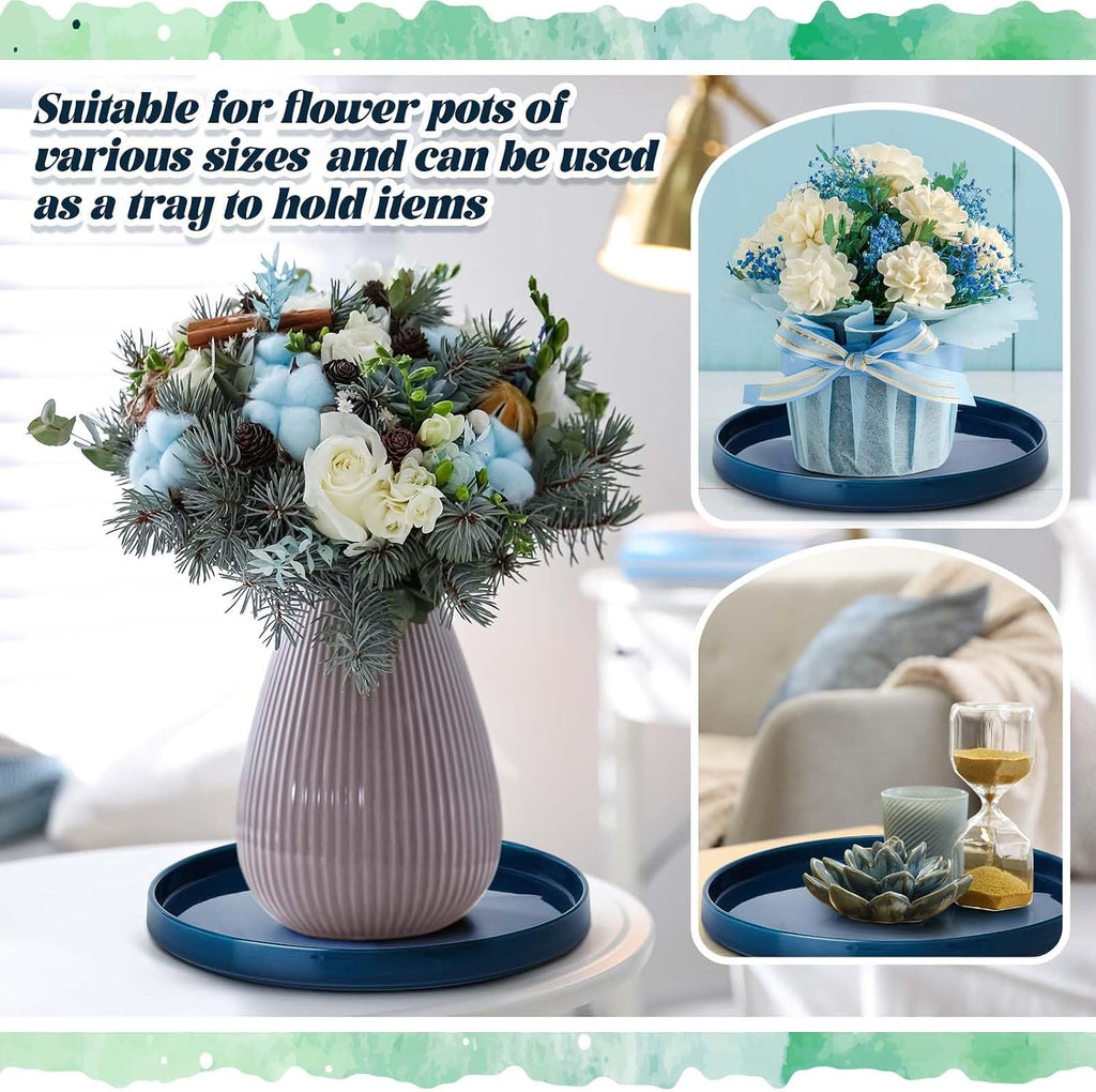 2 Pcs 10 Inch Ceramic Plant Saucer Outdoor Indoor Plant Tray Round Flower Pot Drip Trays Blue Flower Drainage Glazed