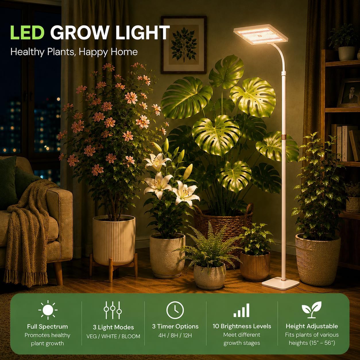 25W LED Grow Lights for Indoor Plants with Stand for Floor and Tabletop | Full Spectrum Plant Lights for Indoor Growing