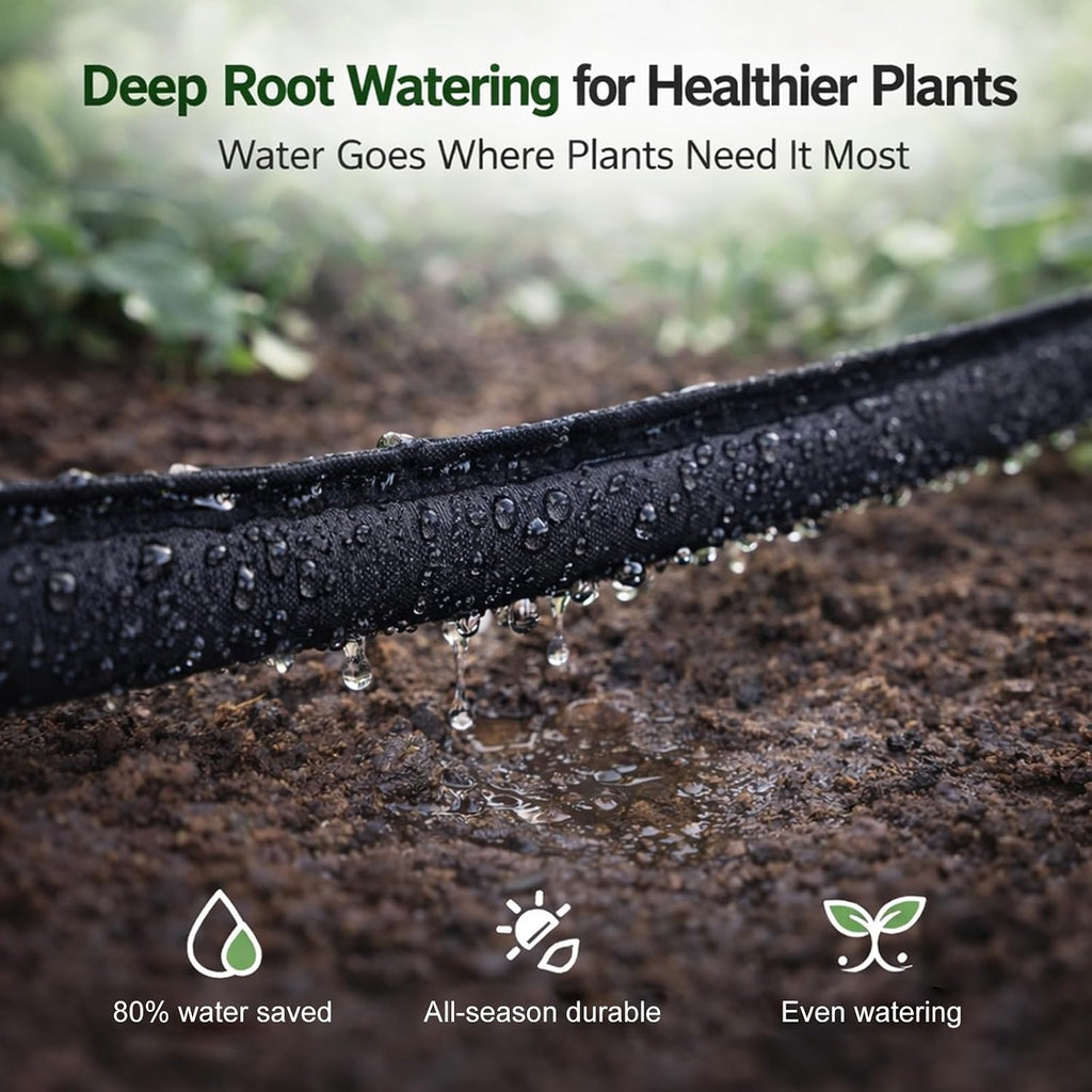 Flat Soaker Hose 25 ft 3-Pack with Splitter, 80% Water-Saving Drip Irrigation Hose 75 ft, Linkable DIY Garden Soaker