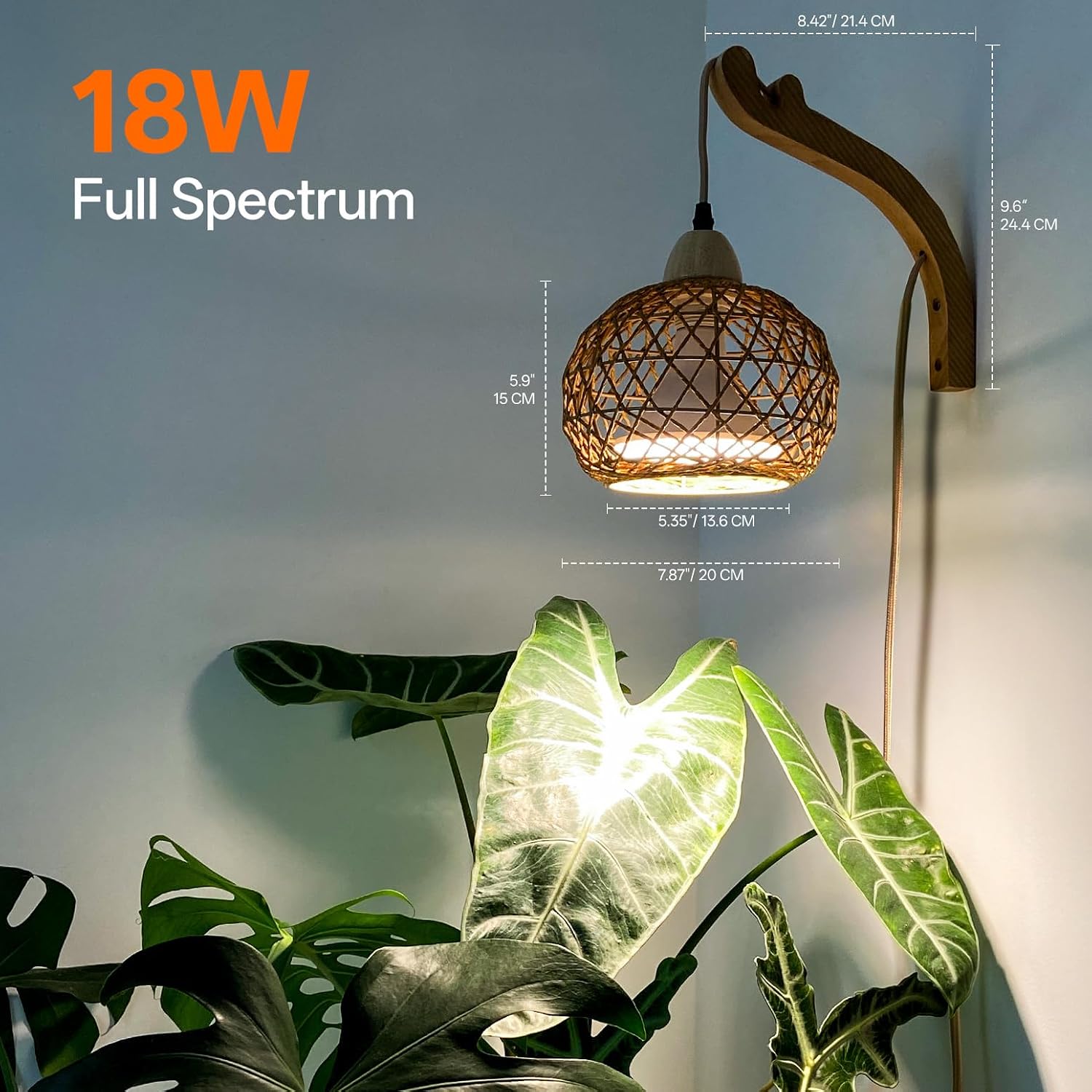 Hanging Grow Lights for Indoor Plants,3800K | 18W Wall-Mounted Decorative Grow Light with Boho Rattan Lantern Shade
