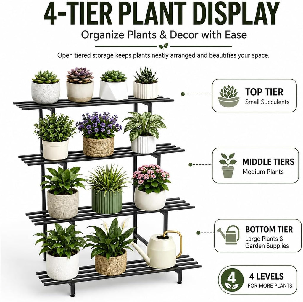 DYRABREST 4 Tier Metal Plant Stand, 39.4 Inch Tall Black Iron Garden Display Shelf for Indoor Outdoor, Heavy Duty