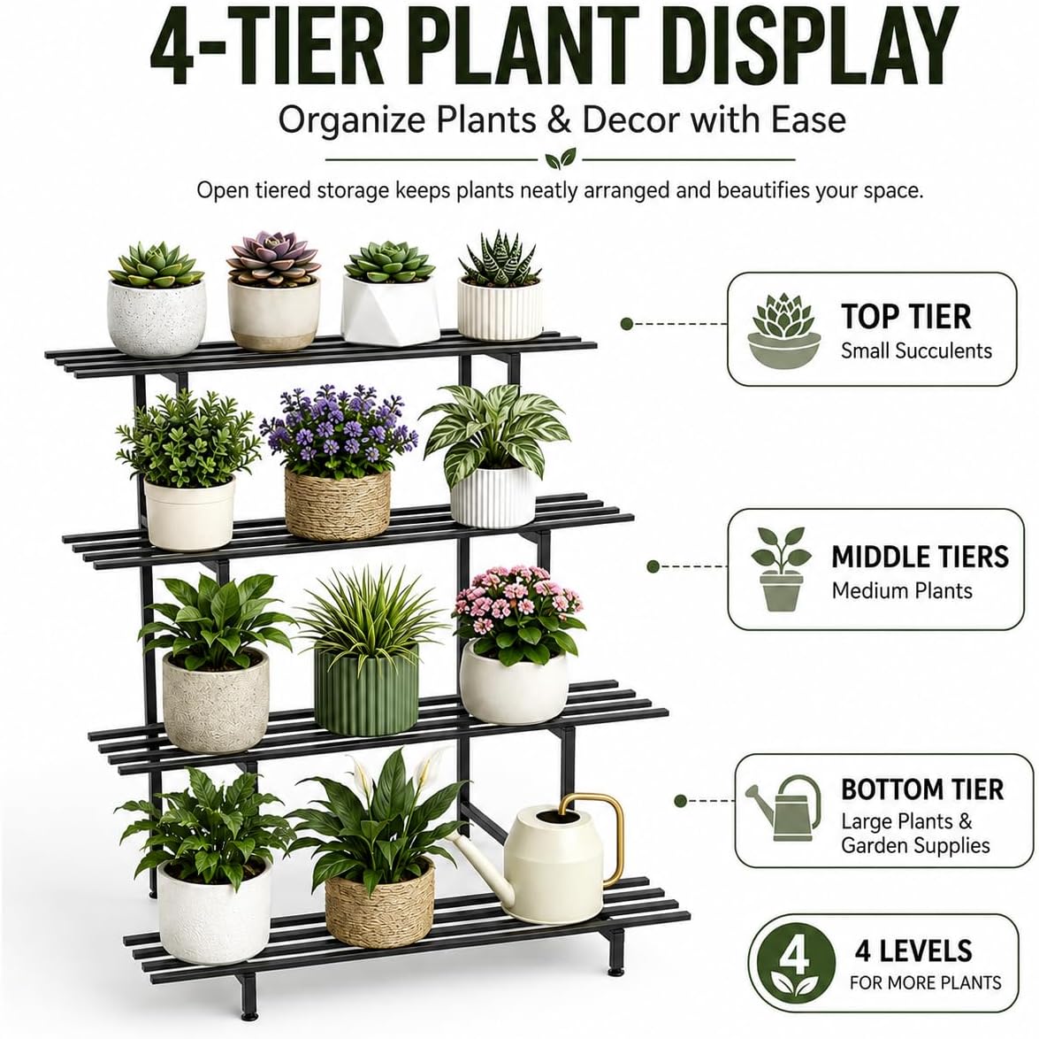 DYRABREST 4 Tier Metal Plant Stand, 39.4 Inch Tall Black Iron Garden Display Shelf for Indoor Outdoor, Heavy Duty