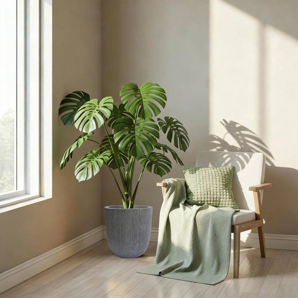 12.4"H Tapered Ribbed Lightweight Plastic Planter w/ Drainage Hole & Plug | Durable & Weatherproof, Indoor Outdoor Use